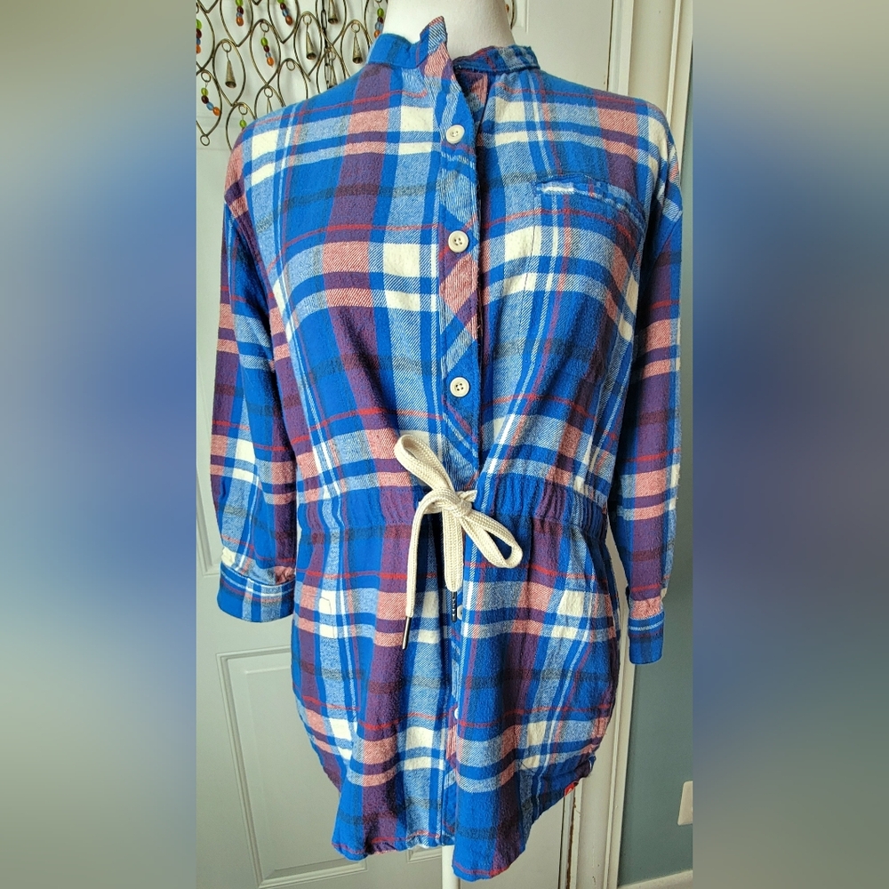 EMS Button Down Flannel Women's XS Red White & Blue Plaid 3/4 Sleeve Tie Waist